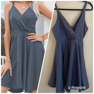 Dusty Blue Cami Dress - Shein, V neck, cute, spring, satin, elegant, wrap
